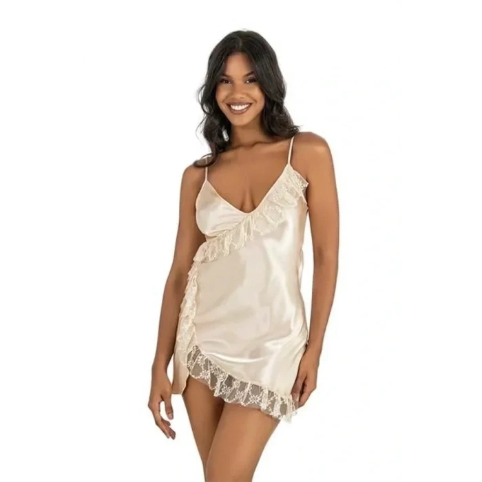 ÖZEL TASARIM  FİLDİŞİ KISA SATEN GECELİK 8229