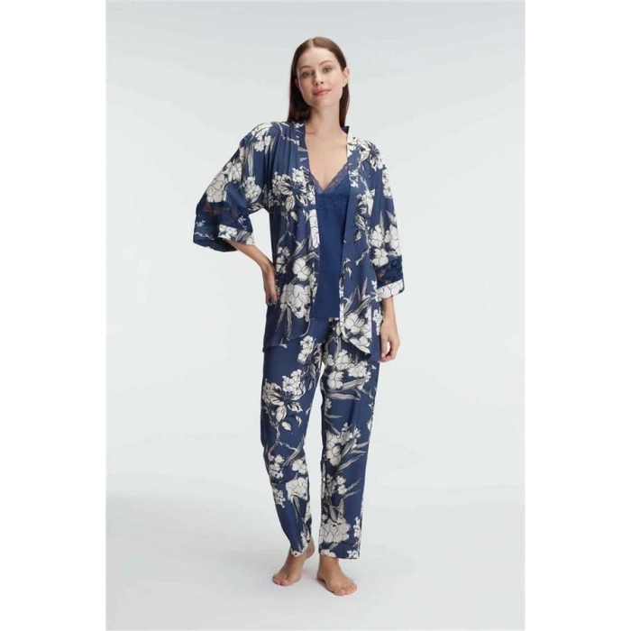 ÖZEL TASARIM  İP ASKILI V YAKA VİSKON ÇİÇEK DESENLİ YAZLIK DANTEL DETAYLI PİJAMA SABAHLIK TAKIMI