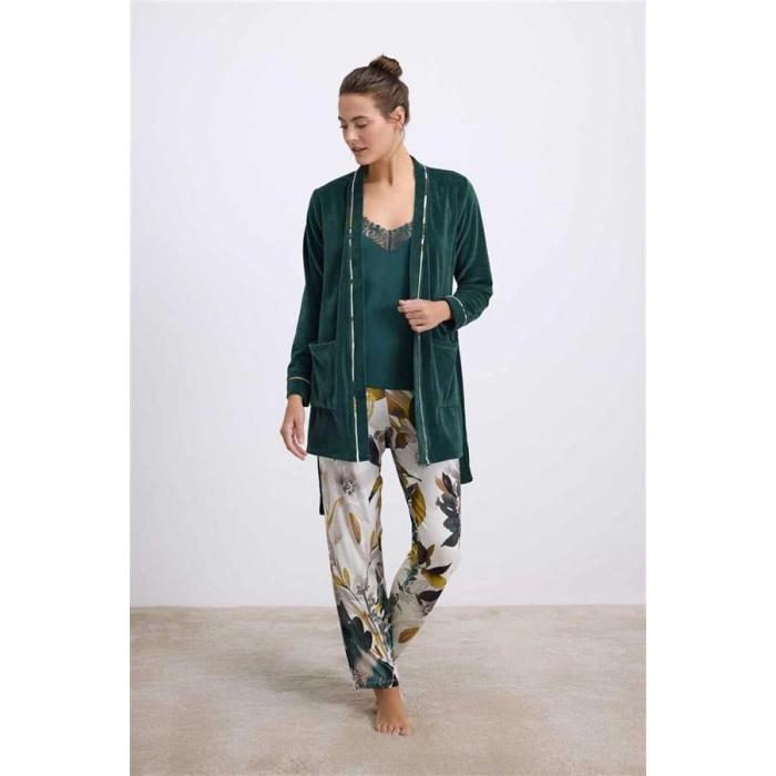 ÖZEL TASARIM  KADİFE SABAHLIK, DANTELLİ ATLET VE DESENLİ PANTOLON PİJAMA TAKIMI