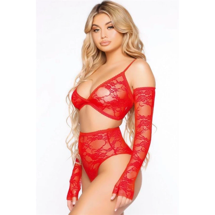 ÖZEL TASARIM  KIRMIZI DANTEL İŞLEMELİ ELDİVENLİ FANTEZİ SÜTYEN KÜLOT TAKIMI