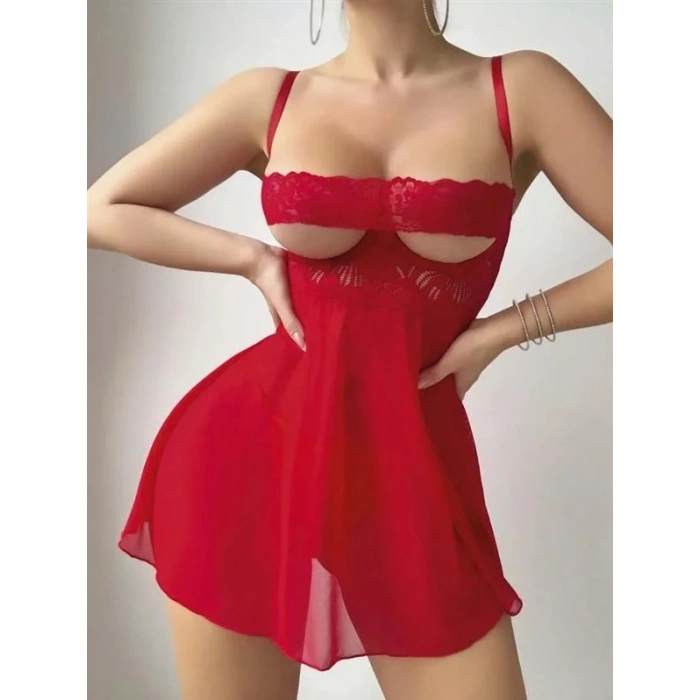 ÖZEL TASARIM  KIRMIZI DANTEL İŞLEMELI GÖĞÜS DEKOLTELI FANTEZI STRING TÜL GECELIK TAKIMI