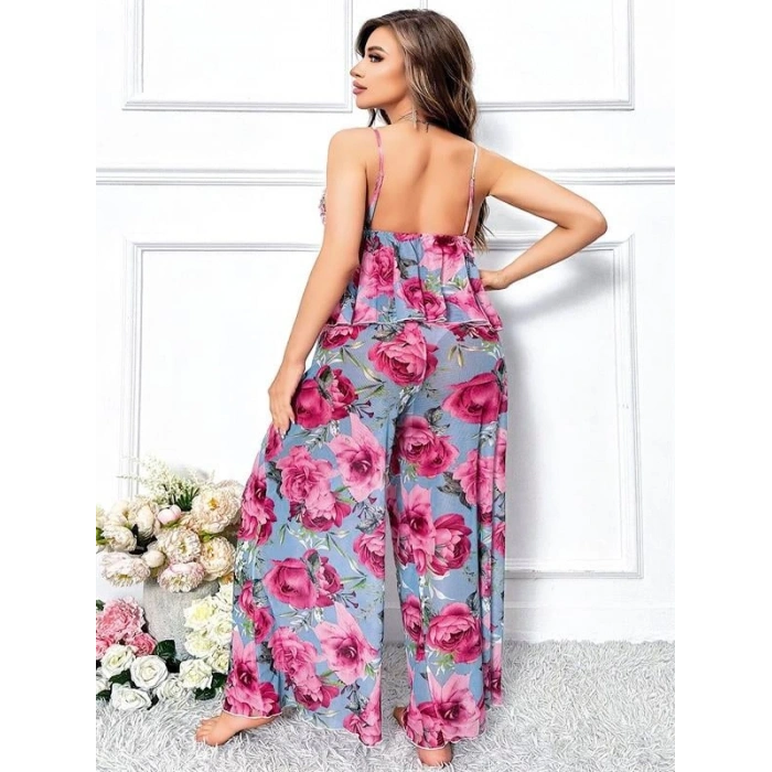 ÖZEL TASARIM ÖZEL TASARIM BÜYÜK BEDEN KIRMIZI ÇİÇEK DESENLİ BOL KESİM 2Lİ PİJAMA TAKIMI