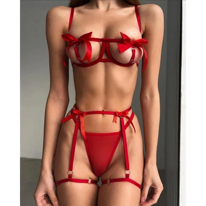 ÖZEL TASARIM  ÖZEL TASARIM KIRMIZI KURDELA DETAYLI JARTİYERLİ FANTEZİ SÜTYEN STRİNG TAKIMI