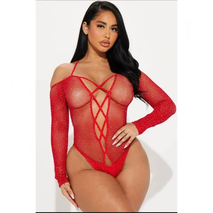 ÖZEL TASARIM  ÖZEL TASARIM KIRMIZI TAŞLI FANTEZI VÜCUT ÇORABI