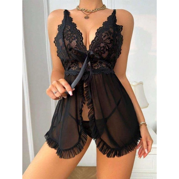 ÖZEL TASARIM ÖZEL TASARIM SİYAH DANTEL İŞLEMELİ YIRTMAÇLI KURDELALI TÜL FANTEZİ ŞIK GECELİK