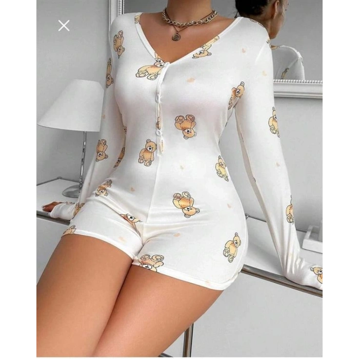 ÖZEL TASARIM  PAMUKLU BEYAZ AYICIK DESENLİ DÜĞMELİ UZUN KOL TULUM PİJAMA