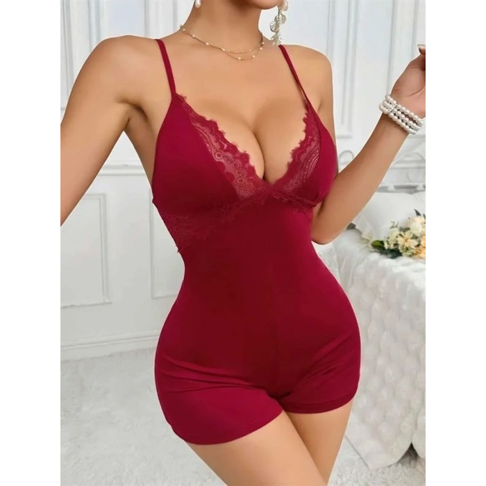 ÖZEL TASARIM PAMUKLU BORDO DANTEL İŞLEMELİ DÜĞMELİ TULUM PİJAMA