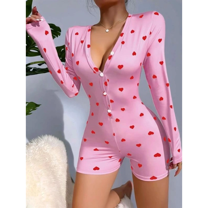 ÖZEL TASARIM  PAMUKLU PEMBE KALP DESENLİ DÜĞMELİ TULUM PİJAMA