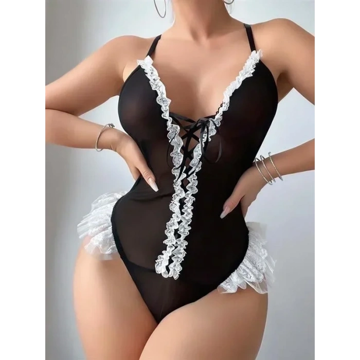 ÖZEL TASARIM  SİYAH DANTEL İŞLEMELİ SIRT DEKOLTELİ FANTEZİ BODY