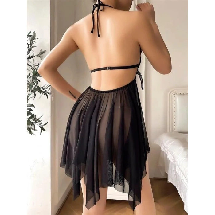 ÖZEL TASARIM  SİYAH KELEBEK İŞLEMELİ TÜL FANTEZİ GECELİK