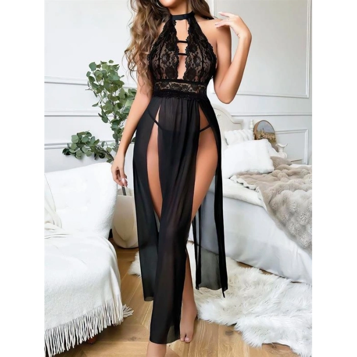 ÖZEL TASARIM SİYAH UZUN DERİN DEKOLTELİ DANTEL FANTEZİ GECELİK
