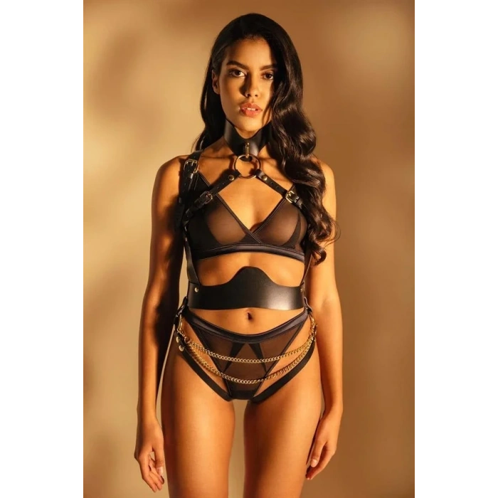 ÖZEL TASARIM  SIYAH ZINCIR AKSESUARLI FANTEZI DERI VÜCUT HARNESS