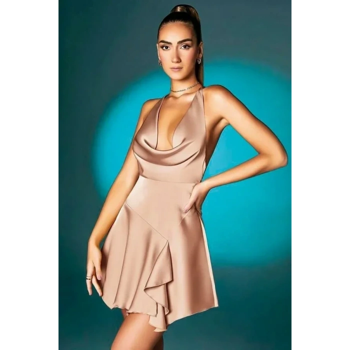 ÖZEL TASARIM  SOMON ASKILI DEGAJELI FANTEZI MINI ELBISE