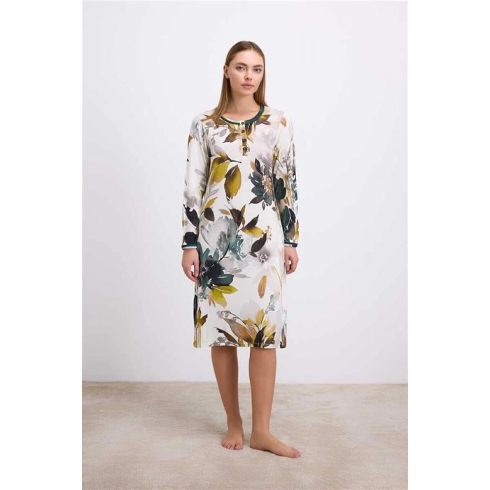 ÖZEL TASARIM  UZUN KOLLU ÇİÇEK DESENLİ LENZİNG VİSKON, DÜĞMELİ YAKA DETAYLI GECELİK