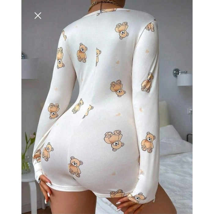 AMORA SECRET PAMUKLU BEYAZ AYICIK DESENLI DÜĞMELI UZUN KOL TULUM PIJAMA