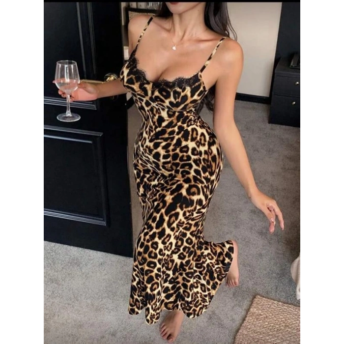 PAMUKLU LEOPAR DESENLİ İNCE ASKILI UZUN ELBİSE