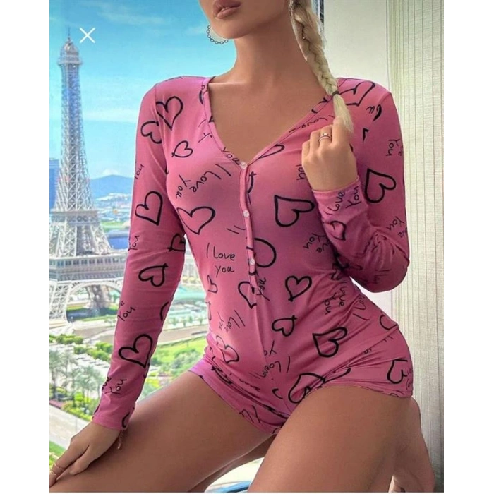 AMORA SECRET PAMUKLU PEMBE SIYAH KALP DESENLI DÜĞMELI UZUN KOL TULUM PIJAMA