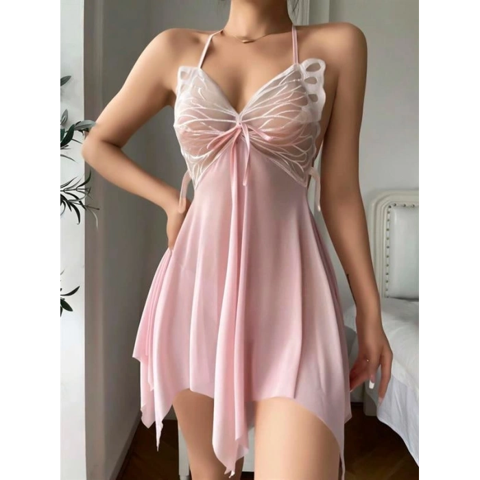 AMORA SECRET PEMBE KELEBEK IŞLEMELI TÜL FANTEZI GECELIK