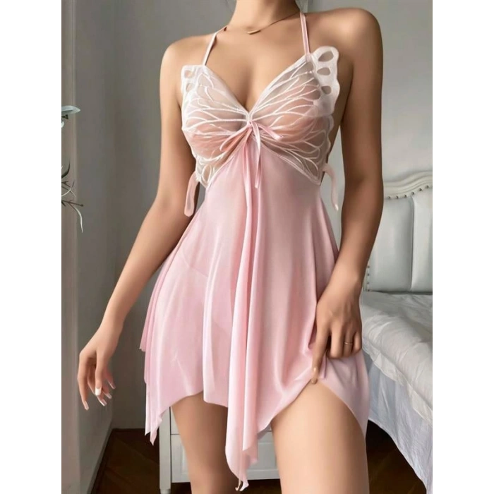 AMORA SECRET PEMBE KELEBEK IŞLEMELI TÜL FANTEZI GECELIK