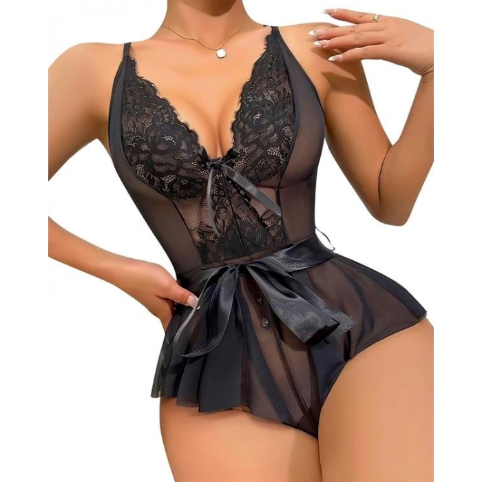 AMORA SECRET SIYAH DANTEL IŞLEMELI KURDELALI FANTEZI TÜL BABYDOLL
