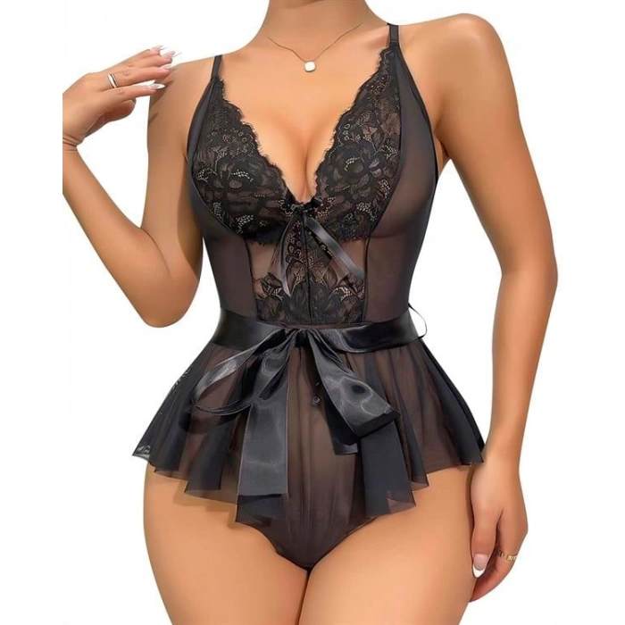 AMORA SECRET SIYAH DANTEL IŞLEMELI KURDELALI FANTEZI TÜL BABYDOLL