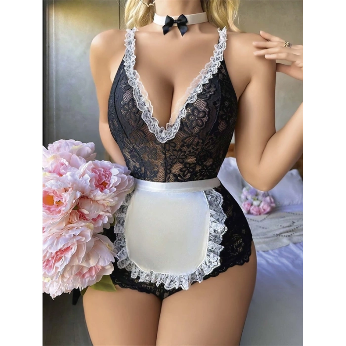 AMORA SECRET SIYAH DANTEL IŞLEMELI KURDELALI FRANSIZ HIZMETÇI KOSTÜMÜ