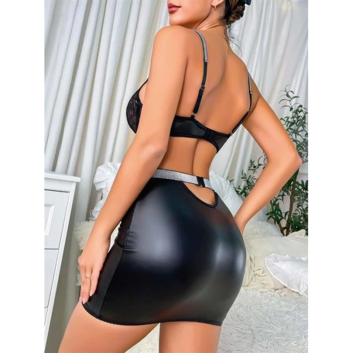 AMORA SECRET SIYAH DANTELLI DEKOLTELI MINI FANTEZI PARLAK DERI GECELIK
