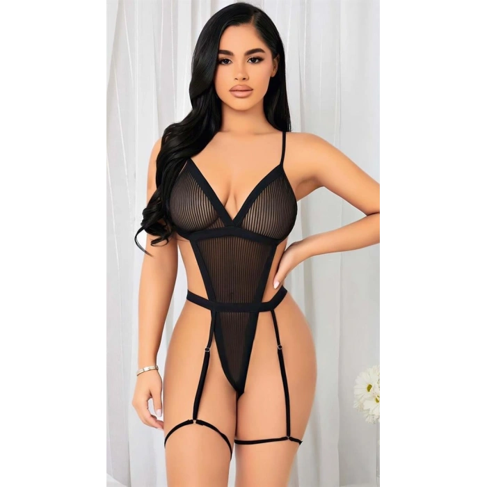 AMORA SECRET SIYAH IP DETAYLI TÜL FANTEZI BODY