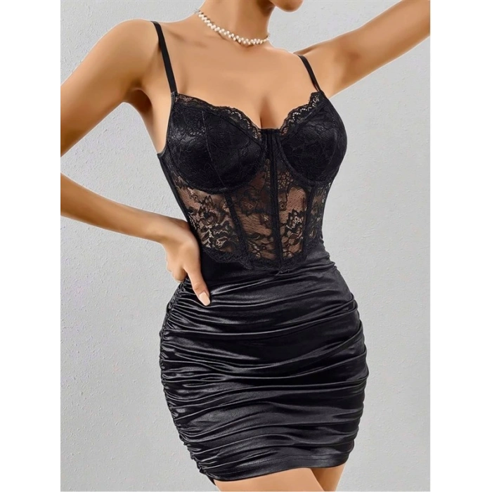 SİYAH KOLSUZ SEKSİ DANTELLİ ÇİÇEK DESENLİ FANTEZİ ELBİSE