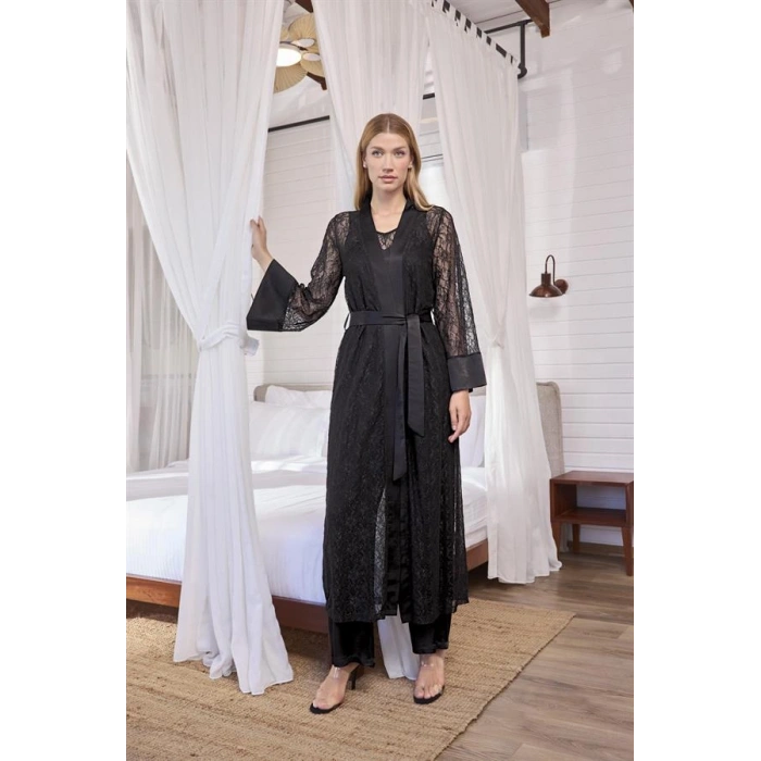 AMORA SECRET UZUN KOLLU DANTELLI VE KUŞAKLI SABAHLIK