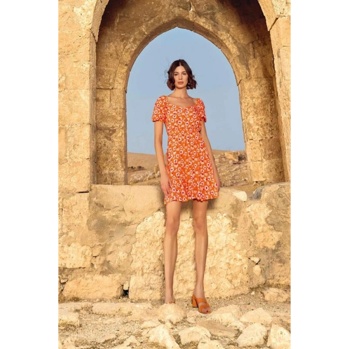 AMORA SECRET VISKON ÇIÇEK DESENLI KISA KOLLU ELBISE