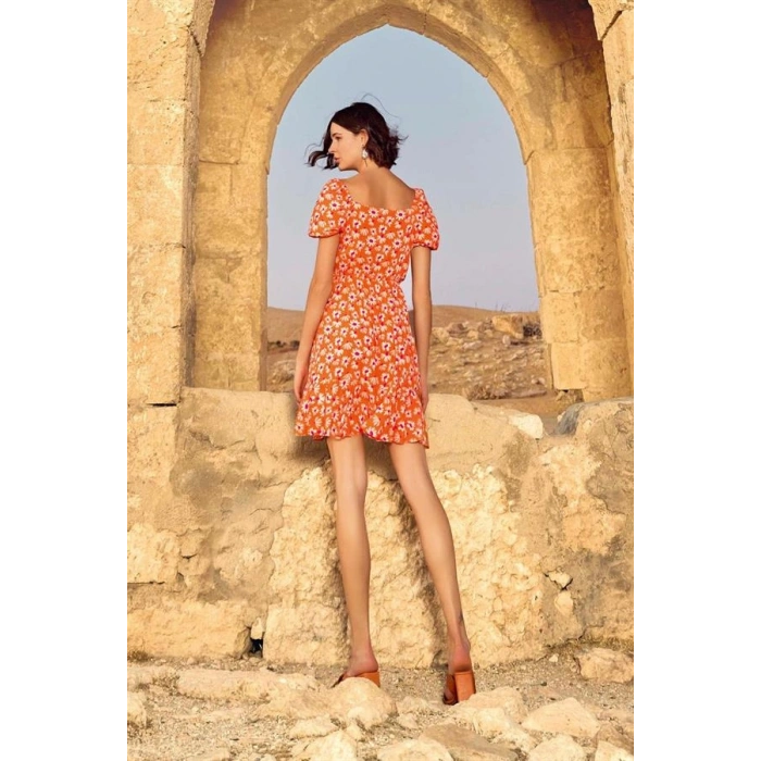 AMORA SECRET VISKON ÇIÇEK DESENLI KISA KOLLU ELBISE