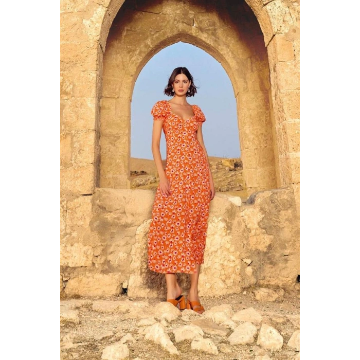 AMORA SECRET VISKON ÇIÇEK DESENLI KISA KOLLU ELBISE