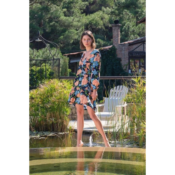 AMORA SECRET VISKON ÇIÇEK VE YAPRAK DESENLI UZUN KOLLU ELBISE