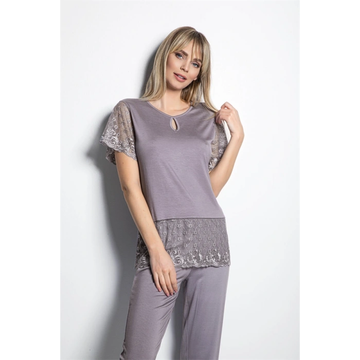 AMORA SECRET YAKASI DETAYLI BRODE DANTELLI PIJAMA TAKIMI