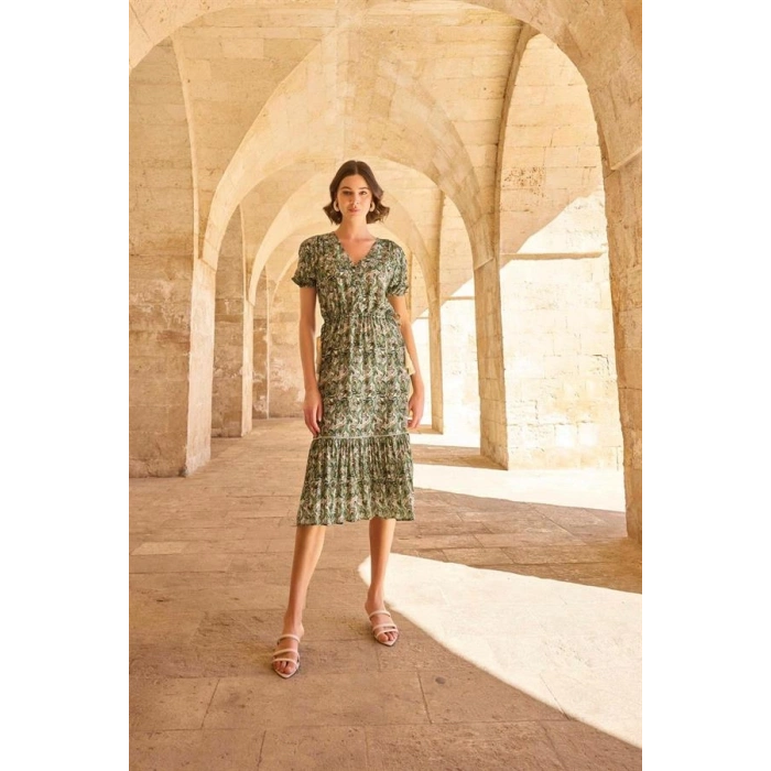 AMORA SECRET YAPRAK DESENLI KISA KOLLU ELBISE