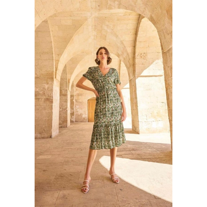 AMORA SECRET YAPRAK DESENLI KISA KOLLU ELBISE