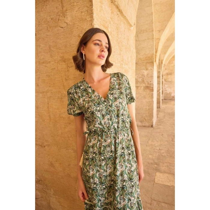 AMORA SECRET YAPRAK DESENLI KISA KOLLU ELBISE