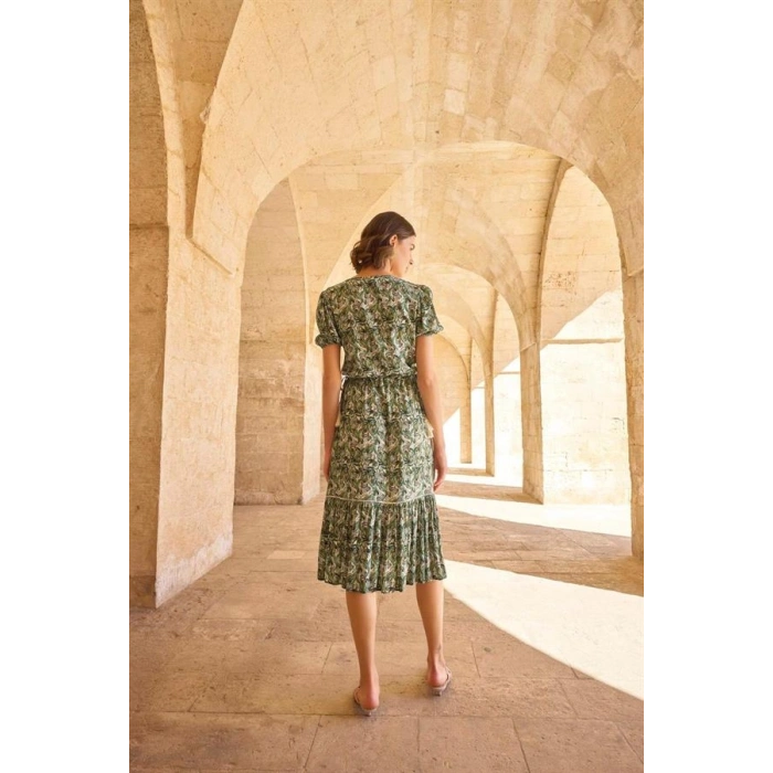 AMORA SECRET YAPRAK DESENLI KISA KOLLU ELBISE