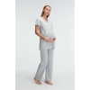 AMORA SECRET KISA KOL V YAKA KADIN POLYESTER ELASTAN YAZLIK ÖRME DANTEL DETAYLI HAMILE PIJAMA TAKIMI