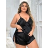 Amora Secret  Büyük Beden Siyah Yırtmaç Dantel İşlemeli Saten Şortlu Takım