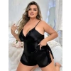 Amora Secret  Büyük Beden Siyah Yırtmaç Dantel İşlemeli Saten Şortlu Takım