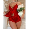 Amora Secret  Kırmızı Dantel İşlemeli İnce Askılı Saten Şortlu Takım