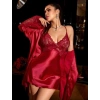 Amora Secret  Bordo Dantel İşlemeli İnce Askılı Saten 2li Gecelik Sabahlık Takımı