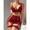 Amora Secret  Bordo Transparan Dantel İşlemeli İp Detaylı Fantezi Takım