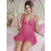 Amora Secret  Fuşya Dantel İşlemeli Göğüs Dekolteli Fiyonklu Fantezi String Tül Gecelik Takımı