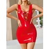 Amora Secret  Kırmızı Arkası İp Dekolteli Mini Fantezi Parlak Deri Elbise