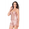 Amora Secret  Koyu Pudra Saten Babydoll Şort Takımı