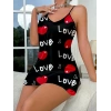 Amora Secret Love Desenli Siyah Saten Gecelik