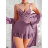 Amora Secret  Özel Tasarım Dantel İşlemeli Fırfırlı Sabahlıklı 2li Mor Gecelik Takımı